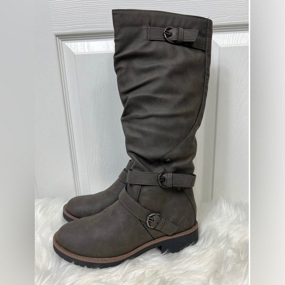Sun + Stone Shoes - Charcoal Knee High Boots w/ Memory Foam Insole & Buckle Decals (New) Size 8 $16